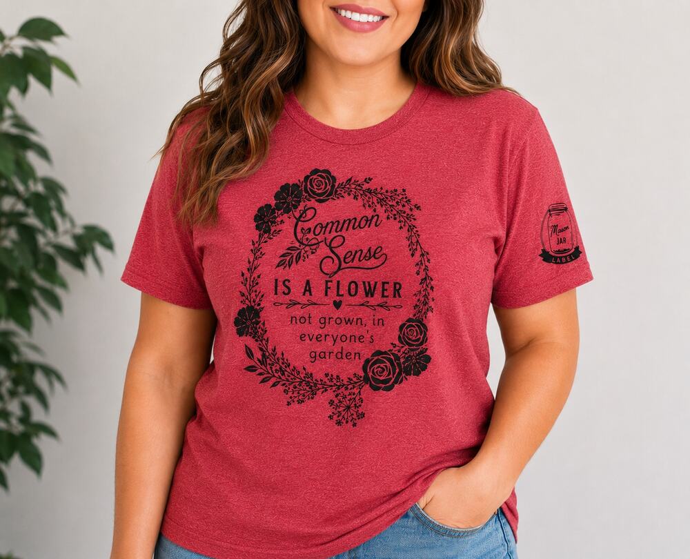 Mason Jar Label Common Sense Graphic Tee Red Floral - Large & 2XL - New